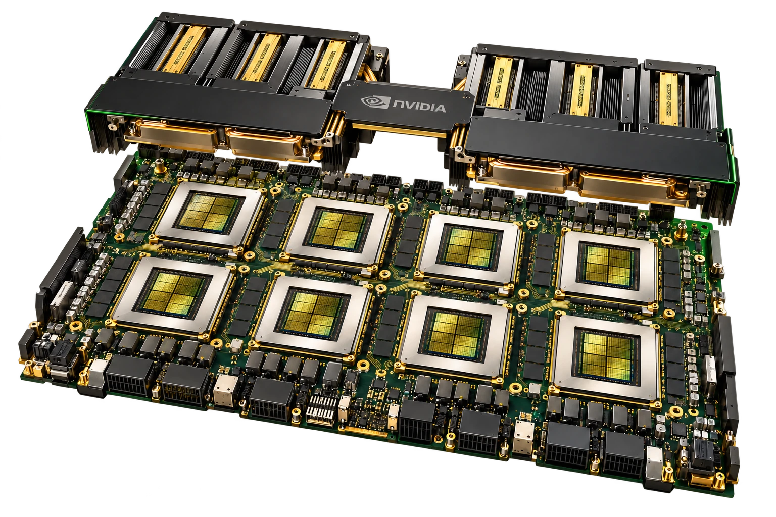 NVIDIA B300 8-GPU accelerator module with gold heatsinks and green PCB