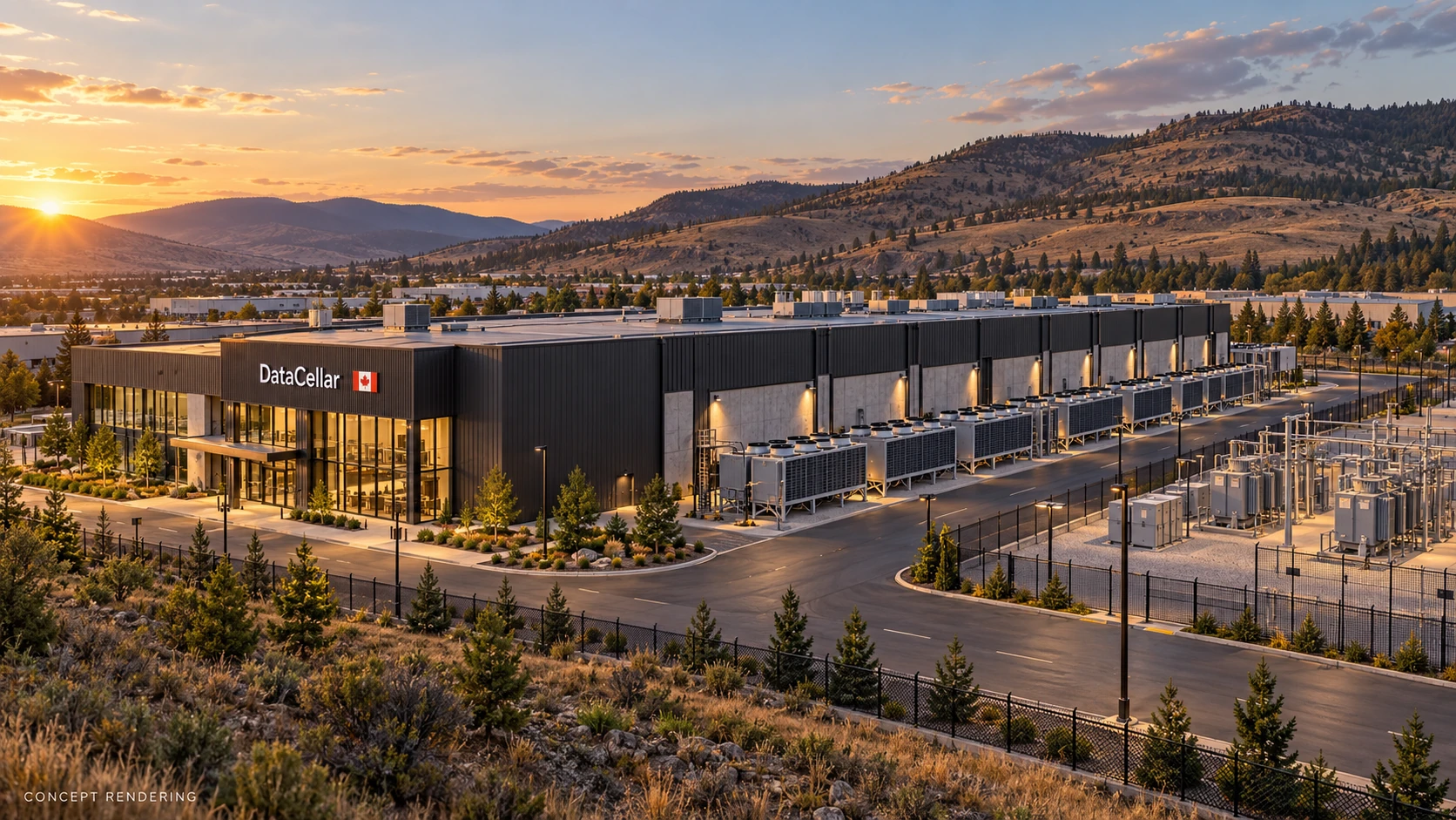 Datacellar facility concept rendering at sunset in Kelowna, BC